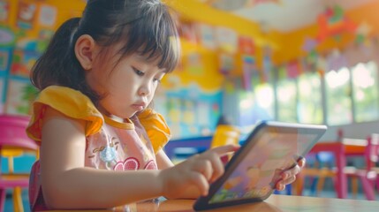 Fototapeta premium A young girl is focused on using a tablet, sitting at a colorful desk in her classroom, surrounded by educational materials.