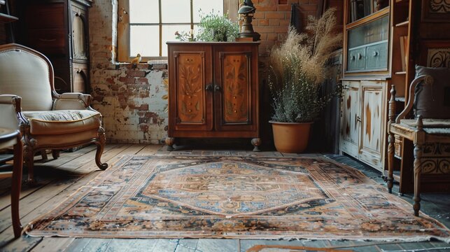 A vintage carpet with faded colors and intricate patterns, placed in a rustic, antique-filled room
