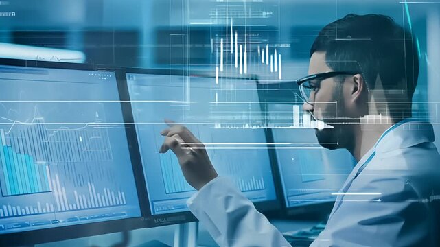 Data Analyst Analyzing Complex Financial Trends in a Modern Office Environment Late at Night
