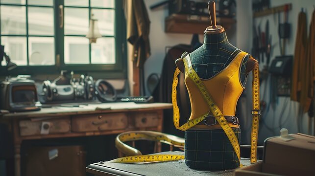 Tailor's fashion dummy with a tape measure with workshop in the background - Powered by Adobe