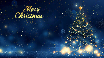 Christmas background with starry night, snowflakes and lights in dark blue color. Glowing christmas tree for Happy New Year card design template. text "Merry christmas". Design for christmas greeting 