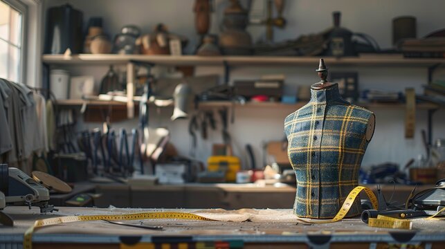 Tailor's fashion dummy with a tape measure with workshop in the background