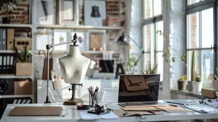 Workplace of designer dressmaker with dummy mannequin, sewing machine, laptop, thread, sketches, and equipment other in the fashion design studio office. Small business freelance startup concept