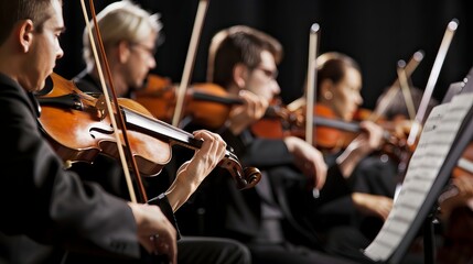 Close-up of musicians playing violin in an orchestra, showcasing skill and harmony during a live performance.