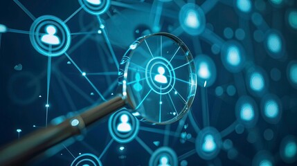 Obraz premium A magnifying glass focuses on a digital network of interconnected user icons, symbolizing connections and data analysis.
