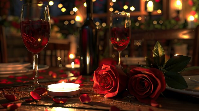 A romantic candlelit dinner setting with wine glasses, roses, and soft lighting, perfect for special occasions.