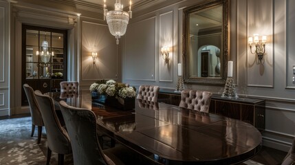 A formal dining room with a dark wood table