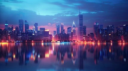 Fototapeta premium Stunning city skyline at dusk, reflecting lights on tranquil water, showcasing modern architecture and vibrant atmosphere.
