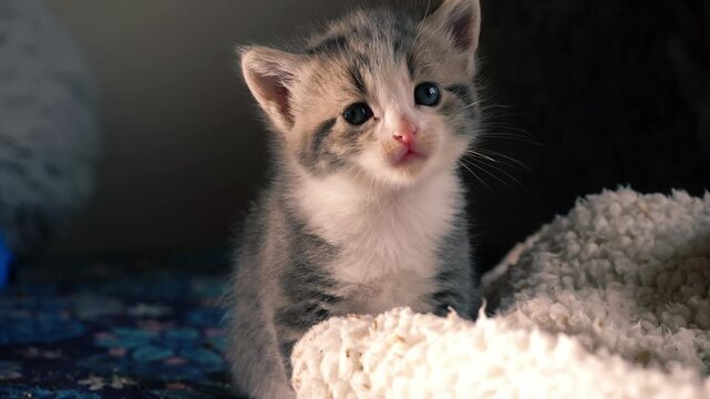 Adorable gray tabby weeks old kitten portrait