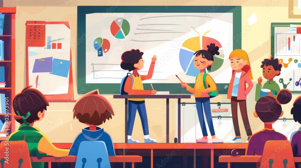 Poster A classroom filled with students attentively watching their classmates give a presentation on charts and graphs.