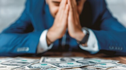 A businessman with hands clasped in front of a pile of money, reflecting concern or deep thought regarding finances.