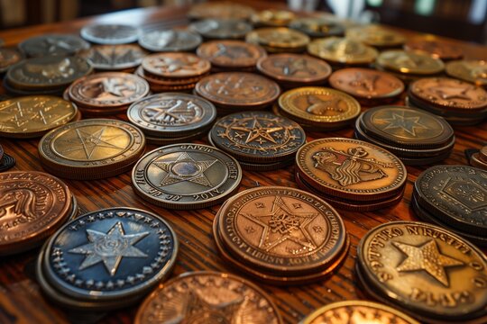 A Collection Of Decorative Challenge Coins Spread Across A Wooden Table