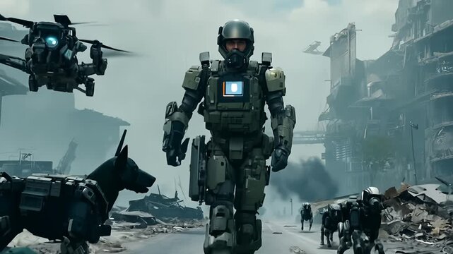 Futuristic Soldier Patrolling Abandoned Cityscape With Drones and Robotic Dogs