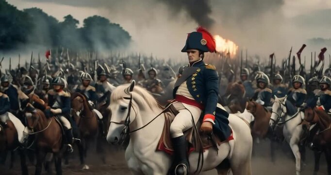 1800s french general in front of army in war
