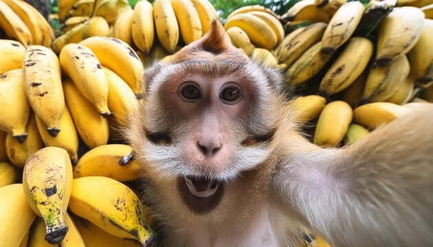 Funny imge of a happy monkey taking a selfie surrounded by bananas