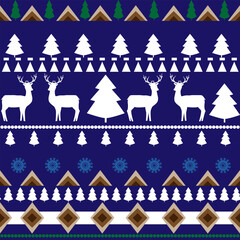 White deer and Christmas tree on blue seamless pattern.