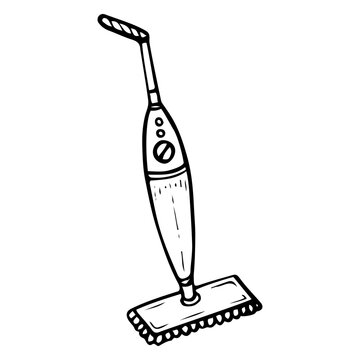 recommend clip art: Electric floor mop hand drawn doodle. A tool with a handle for wet cleaning of dirt from the house. Laundry room. Vector outline line art illustration.