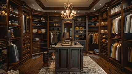 A luxurious walk-in closet with custom shelving