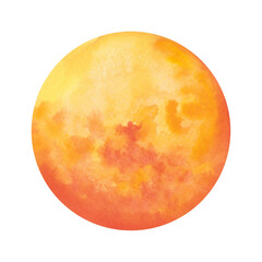 A bright multicolored watercolor yellow-orange planet, a circle isolated on a white background, hand-drawn. An element for design, decoration. Full moon, the phase of the moon. A space object in space