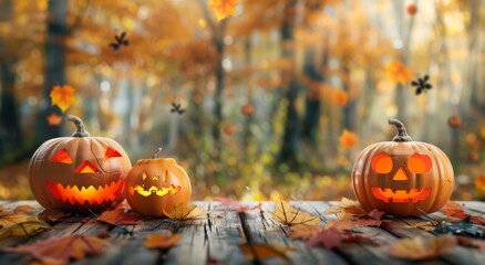 carved pumpkins glow warmly on a rustic wooden table, surrounded by vibrant autumn leaves. The background captures the essence of a magical fall evening with golden hues and a dreamy bokeh effect