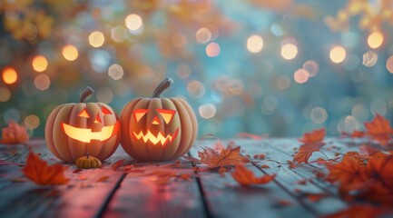 Naklejka premium Two carved pumpkins glow warmly on a rustic wooden table, surrounded by vibrant autumn leaves. The background captures the essence of a magical fall evening with golden hues and a dreamy bokeh effect