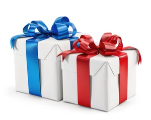 Obraz premium Buy Two Blue White Gift Boxes Tied with Red and Blue Ribbons, Isolated on White Background