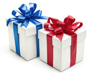 Fototapeta premium Buy Two Blue. White Gift Boxes Tied with Blue and Red Ribbons, Isolated on White Background