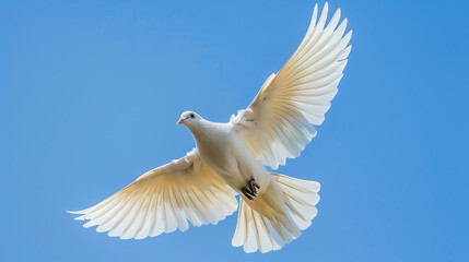 Obraz premium white dove flying in the blue sky, a real photo with high resolution and quality