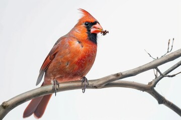 Fototapeta premium Cardinal White Background. Closeup of Male Cardinal Bird Eating a Seed on Tree Branch