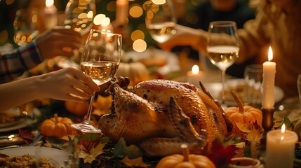 A joyful family Thanksgiving dinner, everyone toasting with wine glasses, a table adorned with autumn leaves, pumpkins, and candles, a golden roast turkey in the center, children running around,