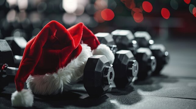 Christmas Gym: Santa Claus Hat on Stand with Dumbbells in Fitness Center
