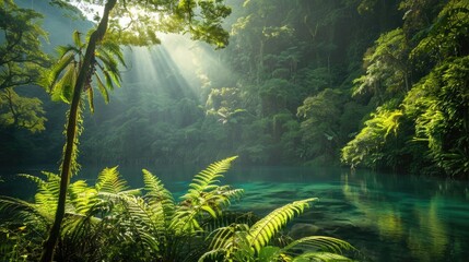 Fototapeta premium Guatemala Jungle: Sunlight Filtering Through Trees in the Mountainous National Park Sem