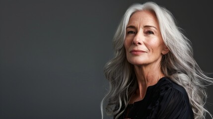 Elegant portrait of an older woman with long silver hair against a dark background. This fine art style image captures wisdom and confidence. Perfect for stock imagery on age and beauty. AI