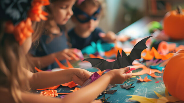 Children Crafting Halloween Decorations with Paper Bats and Pumpkins in a Festive Setting