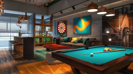 A modern game room with a pool table