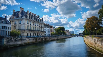 Naklejka premium Nantes France. Architecture and Cityscape along Erdre River under Blue Sky