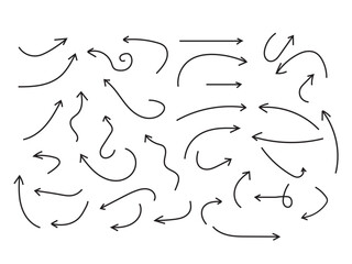 Hand-Drawn Pen Arrows Set, Black Vector, Many vector curvy and wavy arrows isolated on white background. Hand drawn thin line arrows set.