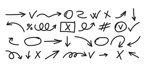 set of hand drawn arrows, Group of arrows and frames. Hand drawn black symbols for hand drawn diagrams. Vector doodle marker drawing. Freehand different,