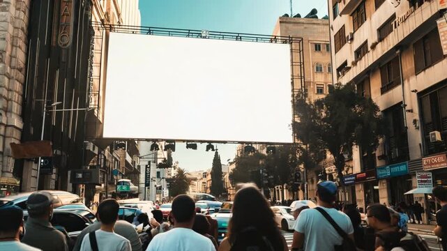 A huge blank poster hanging on a building in City, which used to be a cinema, a big letter hanging from it,generative ai