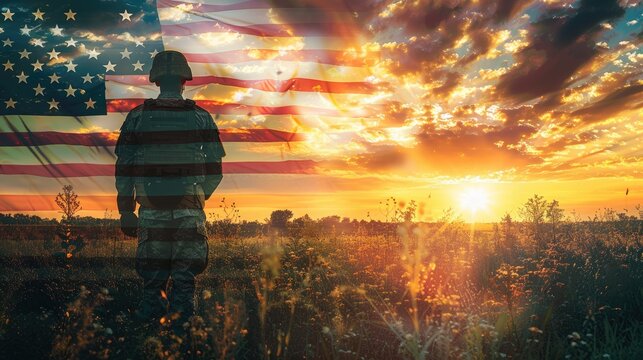 Veterans Day Salute. Double Exposure Soldier Silhouette on American Flag at Sunset