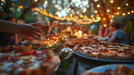 An outdoor family pizza party, glasses raised in a toast, a picnic table set with an assortment of pizzas and drinks, a backyard filled with greenery and fairy lights,
