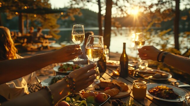 An outdoor family gathering at a lakeside cabin, wine glasses raised in a toast, a cabin with a beautiful view of the lake and forest, a picnic table set with a variety of dishes,