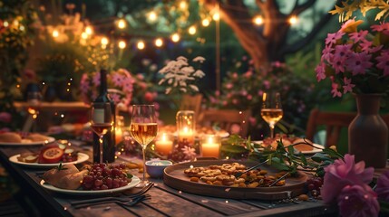 An outdoor garden party with family and friends clinking wine glasses, a rustic table adorned with food and flowers, lush greenery and blooming plants, fairy lights overhead, soft evening light.