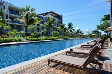 Fototapeta premium Condo Pool - Luxury Recreational Area with Swimming Pool, Beach Chairs, and Water Views