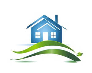 Green Swoosh Background. Blue House Icon with Open Door and Abstract Green Swoosh