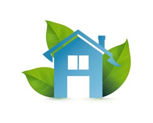 Green Swoosh Background. Blue House with Green Swoosh, Icon of Open Home Design