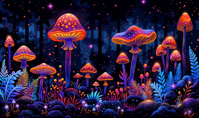 closeup on purple neon mushrooms, fantasy land, colorful fantastic flora abstract wallpaper	