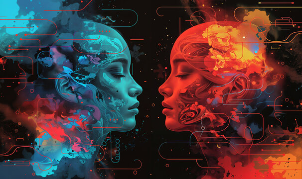 abstract illustration of telepathy between two female profiles red and blue with waves of energy