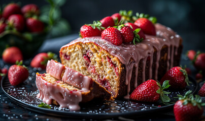 traditional pound cake with strawberry,  nicely decorated with pink fruit glaze and sliced, celebration dessert wallpaper	