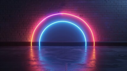 A vibrant neon artwork featuring two semicircles with glowing neon lights in blue, pink, and orange, set against a dark brick wall with a reflective floor surface.